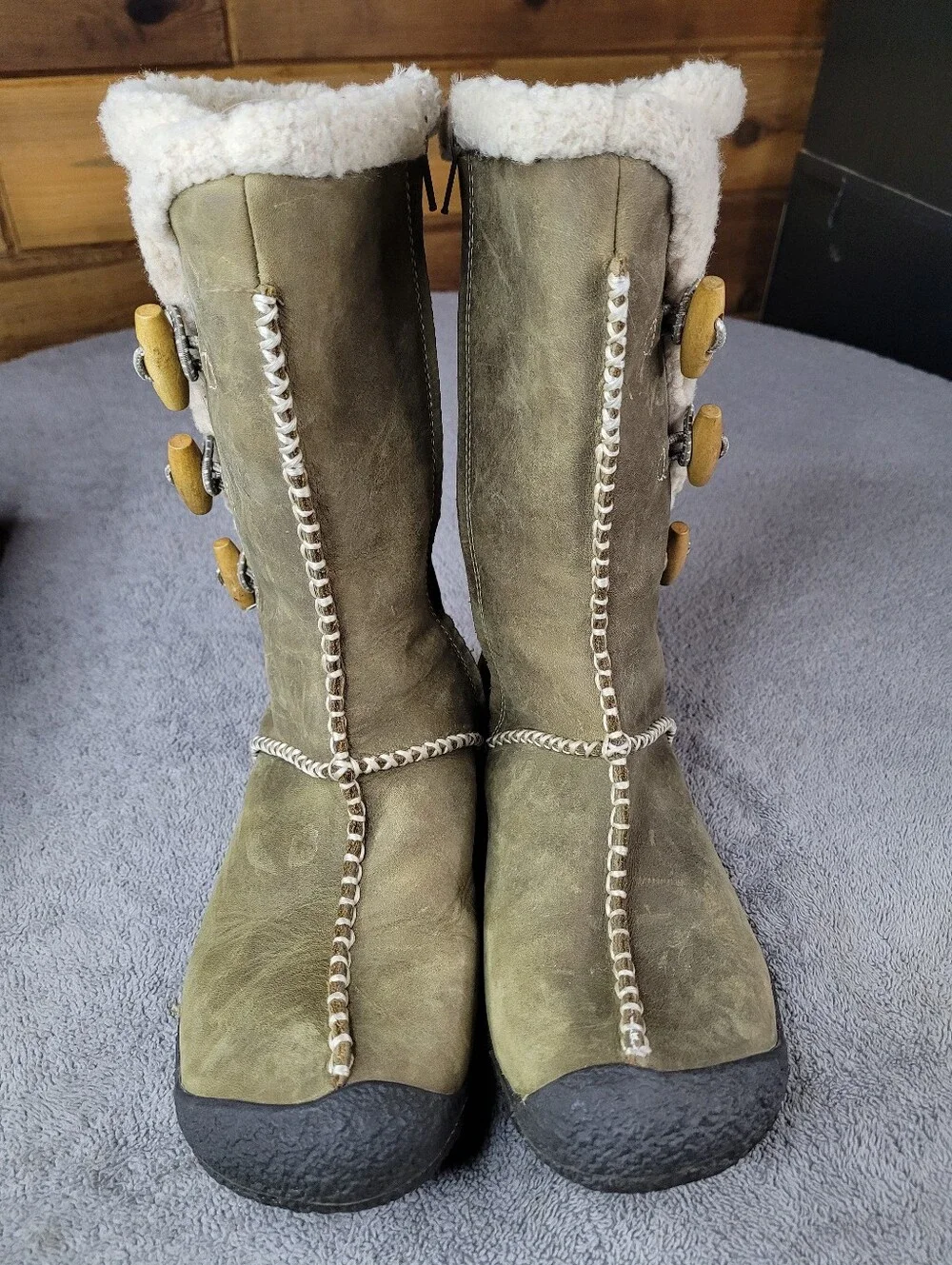 Keen Kaley Winter Green Leather Boots Womens 8 Faux Fur Lined Toggle Side Zip